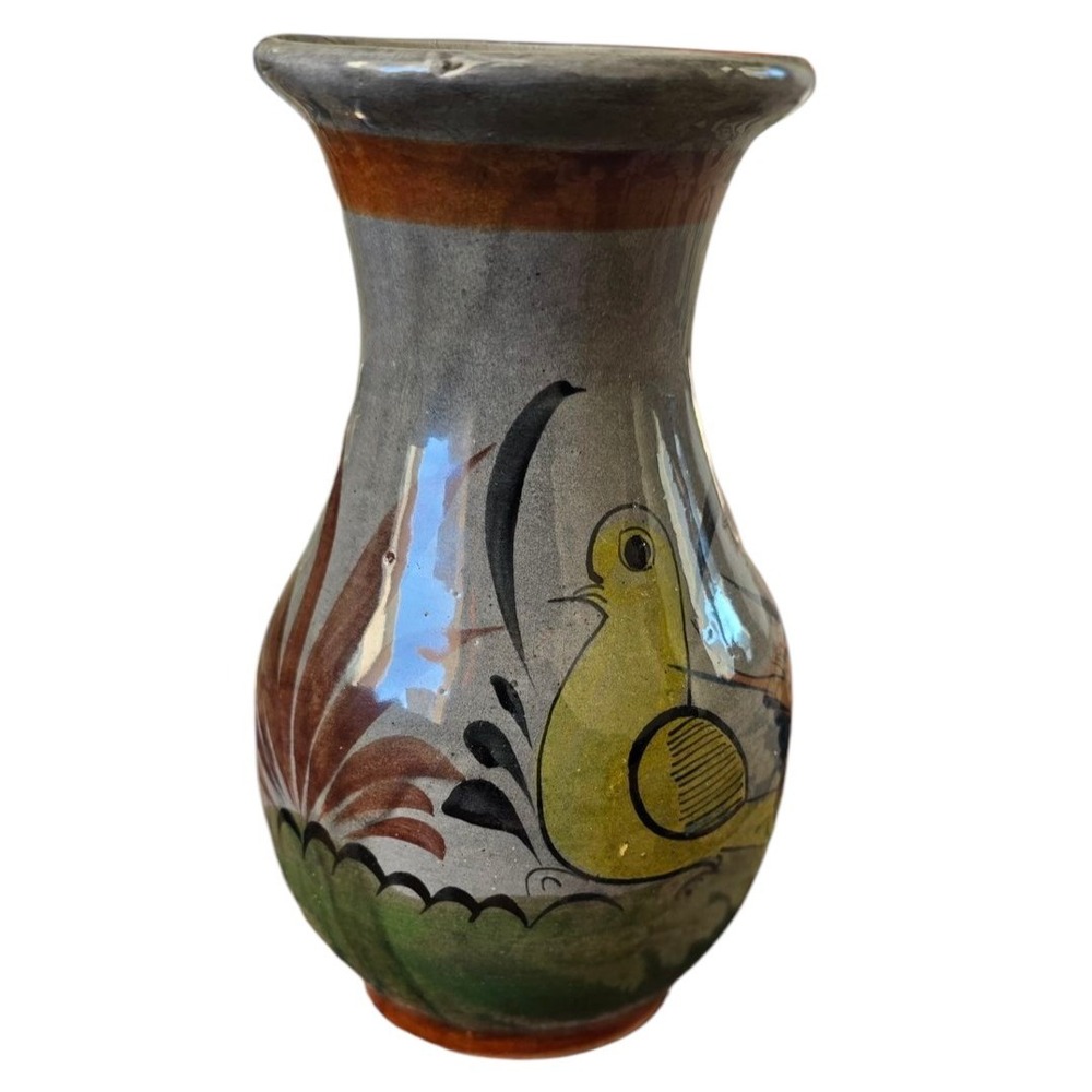 Mexican Pottery‎ Vase Vintage Handpainted Made In Mexico Tonala 7" Floral Bird